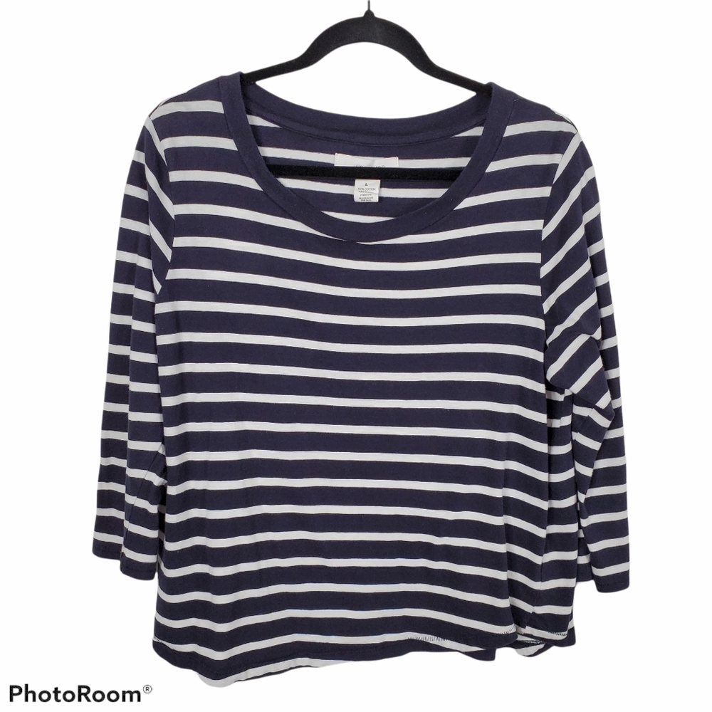 *Workshop Navy White Stripe 3/4 Sleeve Knit Top Costal Cottage Coastalcore